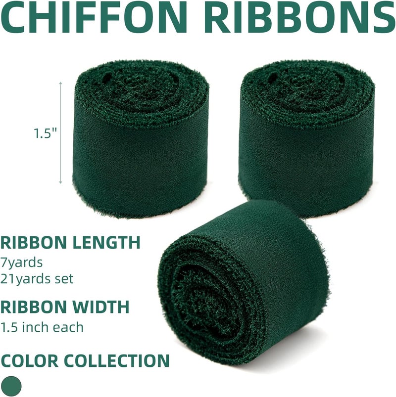 KEOSREE 3 Rolls Dark Green Handmade Chiffon Ribbon,1.5" x 21Yd Frayed Fringe Silk Ribbons (3 Rolls *7Yd) for Gifts Wrapping, Wedding Invitations, Bridal Bouquets, Decorations - Image 2